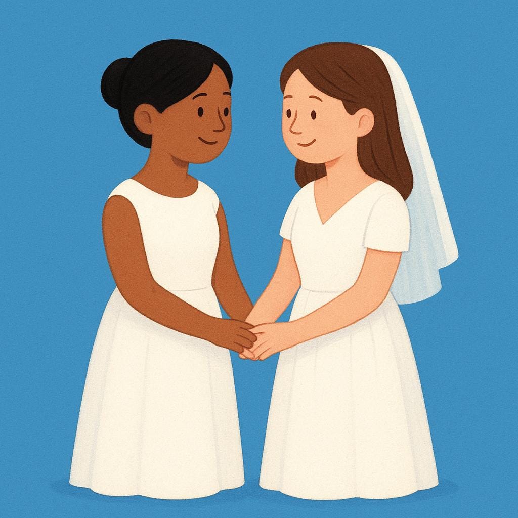 Un'illustrazione colorata di un libro di fiabe che raffigura due figure vestite con abiti da sposa bianchi in piedi vicine e tenendosi per mano, a simboleggiare l'atto di sposarsi.