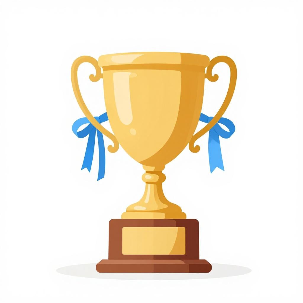 Eine glänzende goldene Trophäe auf einem Sockel mit einem blauen Band.