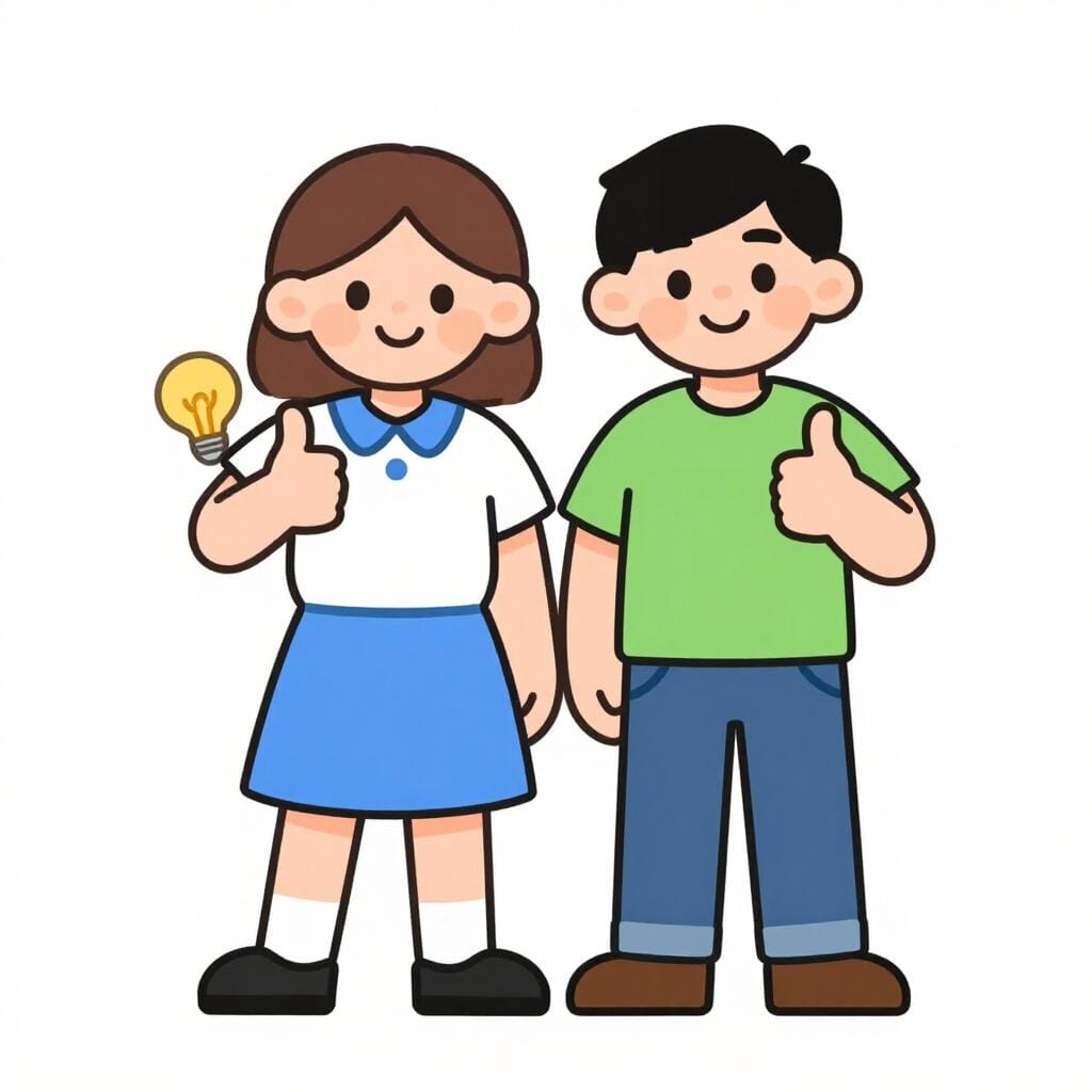 Zwei Personen stehen zusammen, beide geben einen Daumen hoch mit glücklichem Gesichtsausdruck.