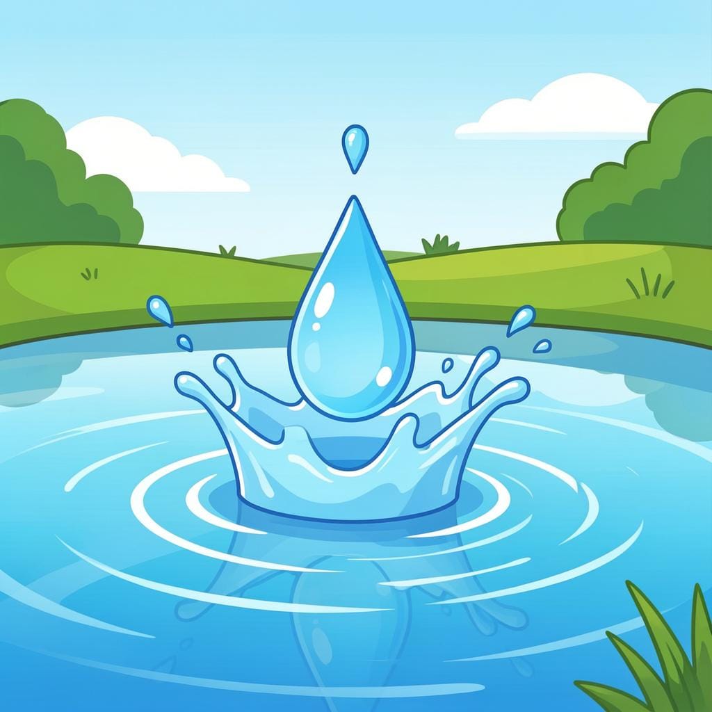 A single drop of water frozen in time as it splashes into a calm pond, creating a perfect crown of liquid.