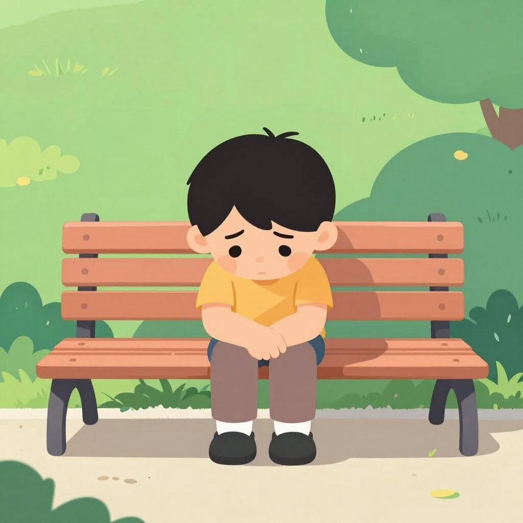 Une personne assise seule sur un banc en bois, la tête baissée et les épaules affaissées par le regret.