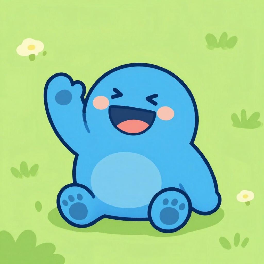 A cute, brightly colored 3D cartoon character waving its hand.