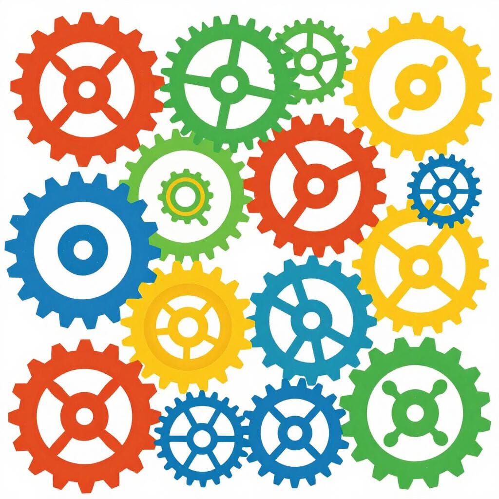 A colorful and intricate pattern of interlocking gears and cogs of various sizes.