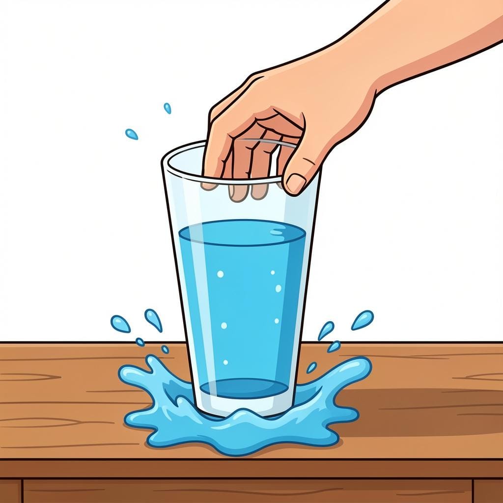 Die Hand einer Person, die ein Glas Wasser auf einem Tisch umstößt.