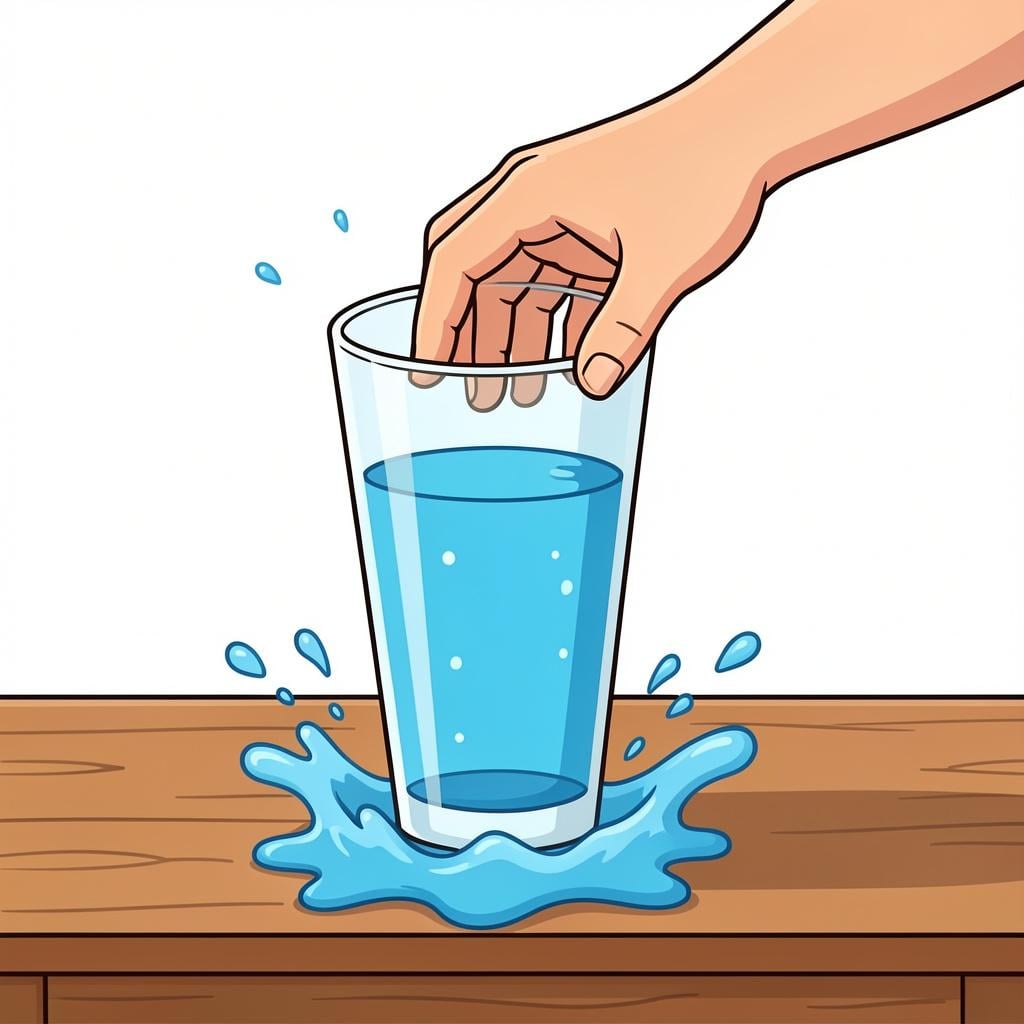A person's hand knocking over a glass of water on a table.