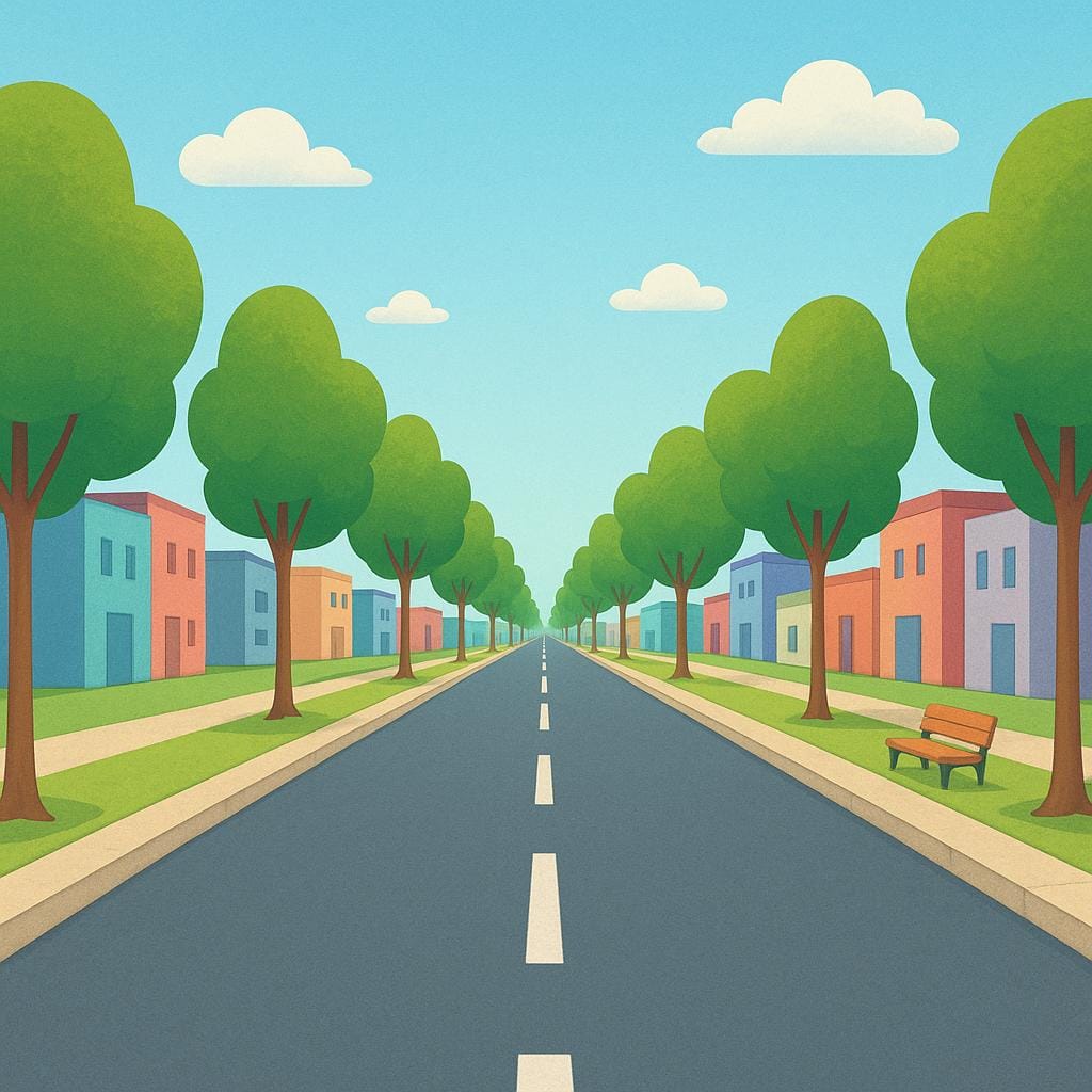A colorful illustration of a very wide, straight city street lined with tall trees and buildings stretching into the distance.
