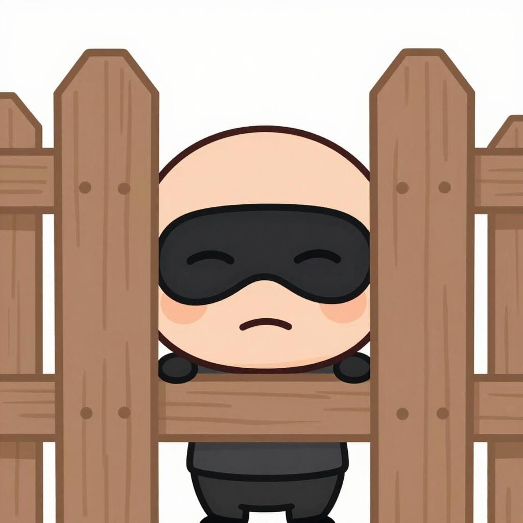 Una persona con una maschera che si nasconde dietro un angolo mentre tiene in mano un oggetto da scherzo, con un'espressione maliziosa e inaffidabile.