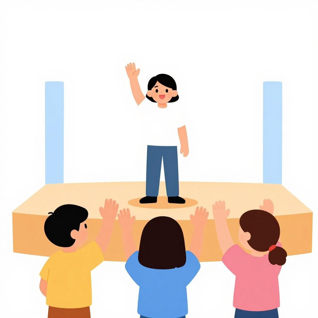 A person being cheered by a small crowd of people holding small flags.