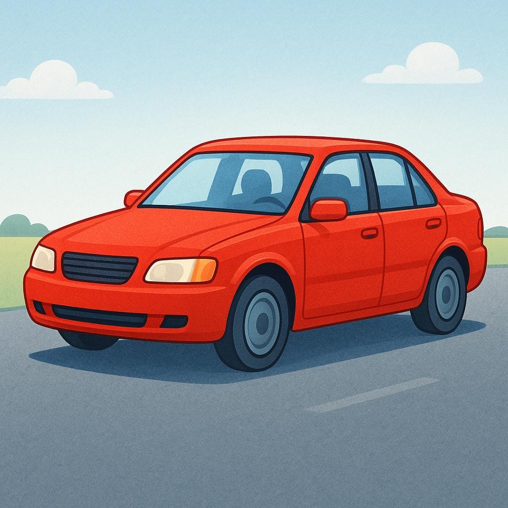 A colorful storybook illustration of a bright red car completely stopped on a clear, empty road.