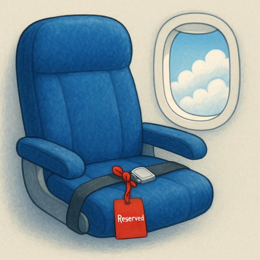 A plush blue airplane seat next to a window, clearly marked with a small red tag tied to the seatbelt buckle indicating it is reserved.