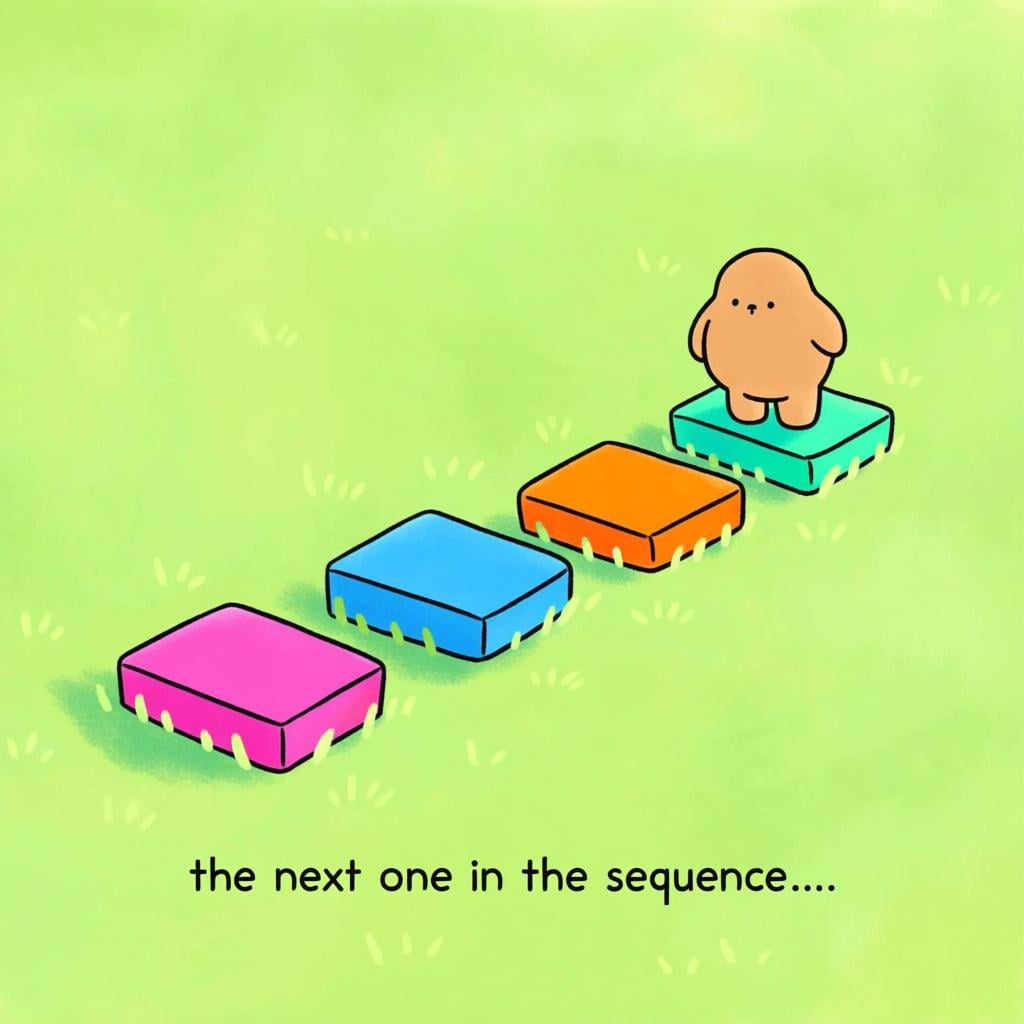 A small, friendly character standing on the second block of a sequence of four blocks, looking ahead to the third block, illustrating the concept of 'next' in a sequence.