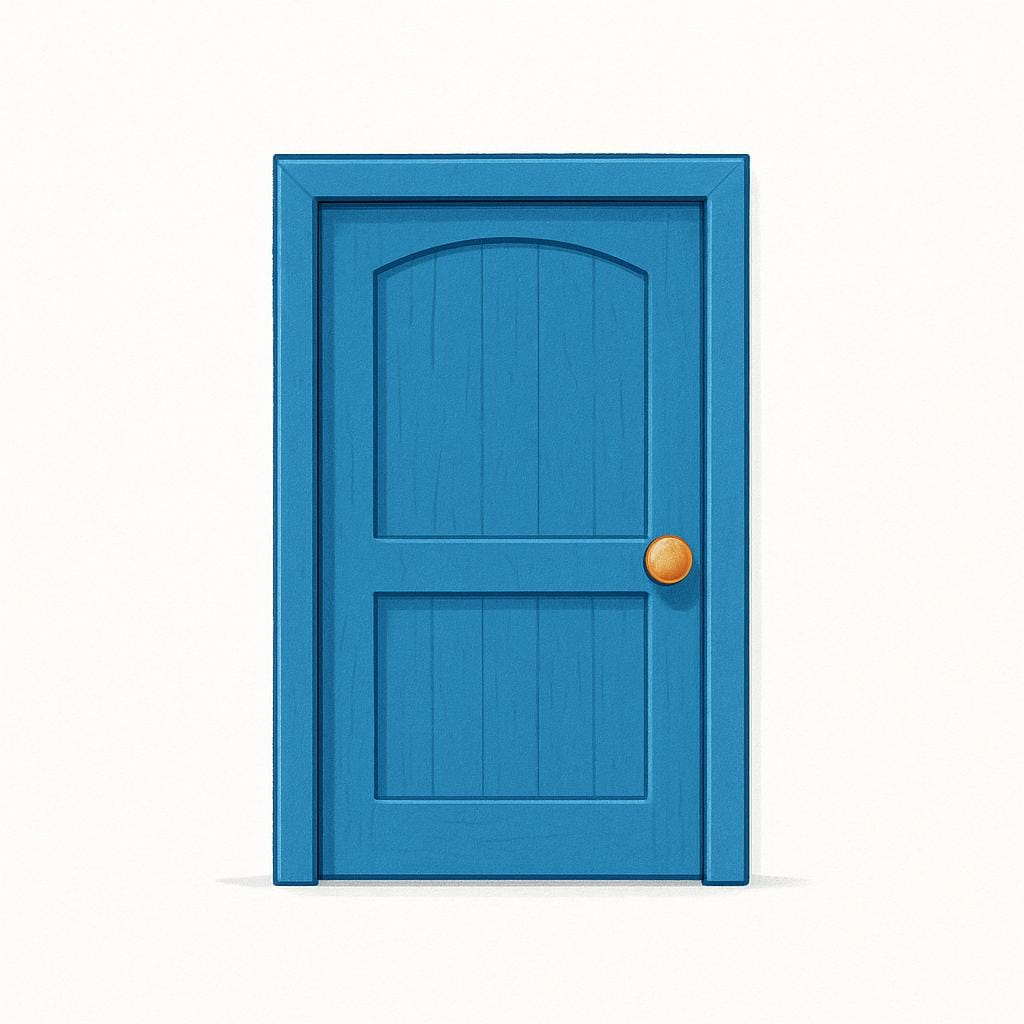 A large, brightly colored, simple wooden door with a sturdy handle set into a neutral wall, representing a physical entryway.