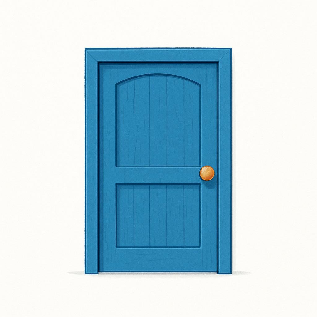A large, brightly colored, simple wooden door with a sturdy handle set into a neutral wall, representing a physical entryway.