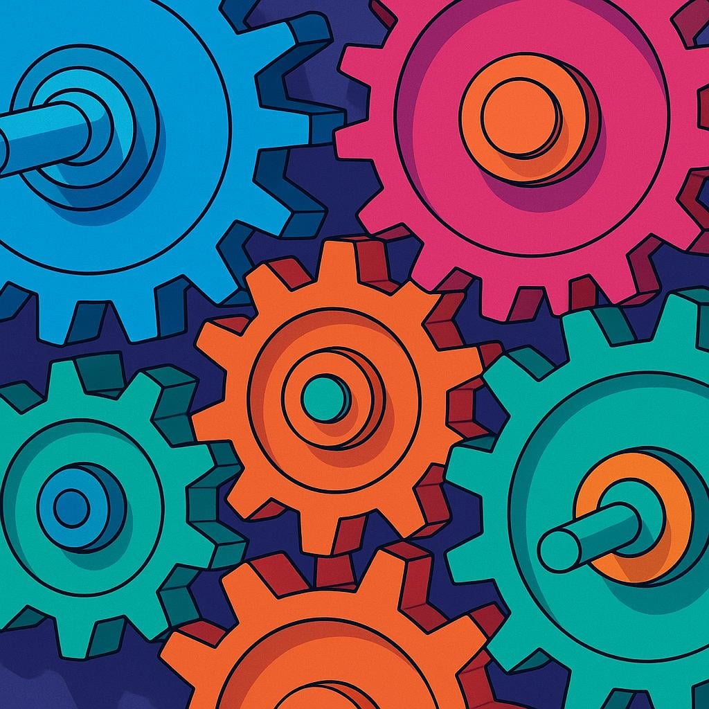 A close-up illustration of several brightly colored, intricately detailed, interlocking gears moving smoothly, symbolizing technical precision and complexity.