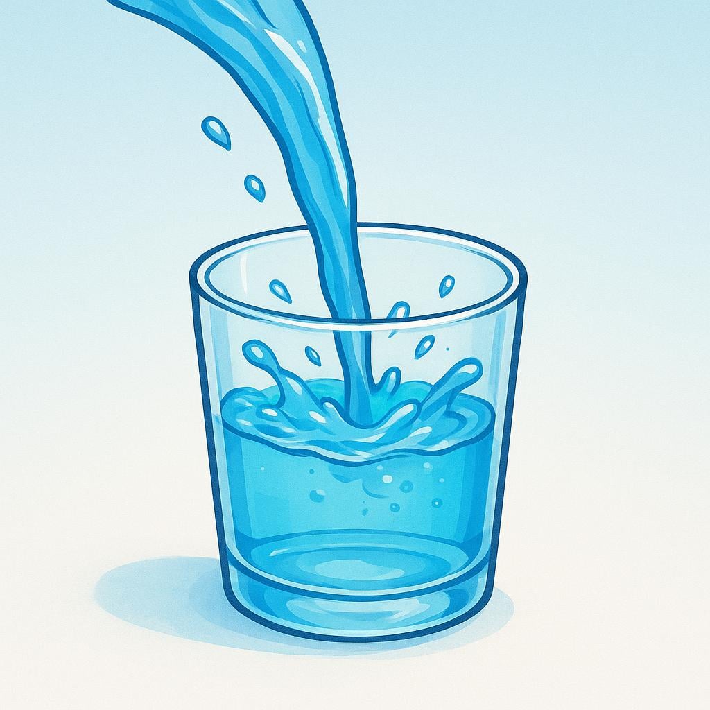 A clear blue stream of water pouring into a simple glass cup, illustrating fluidity.