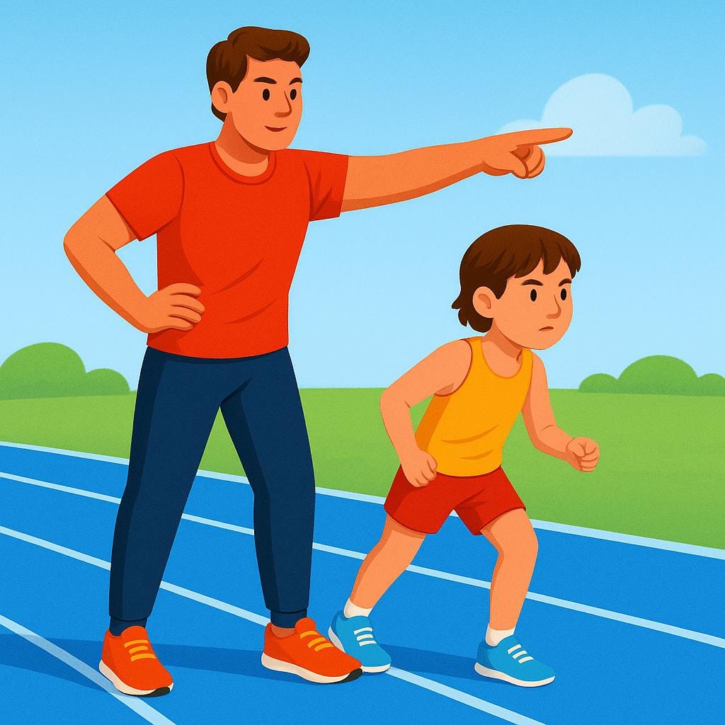 A friendly but firm adult pointing forward on a brightly colored running track, giving a direct command to a young athlete to start running.