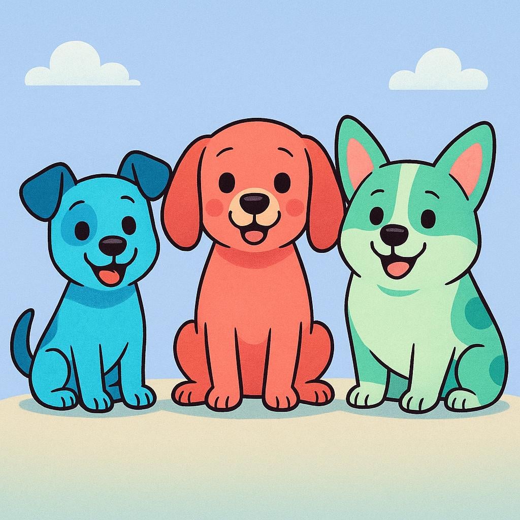 A colorful illustration showing three friendly dogs sitting side-by-side, looking happy.