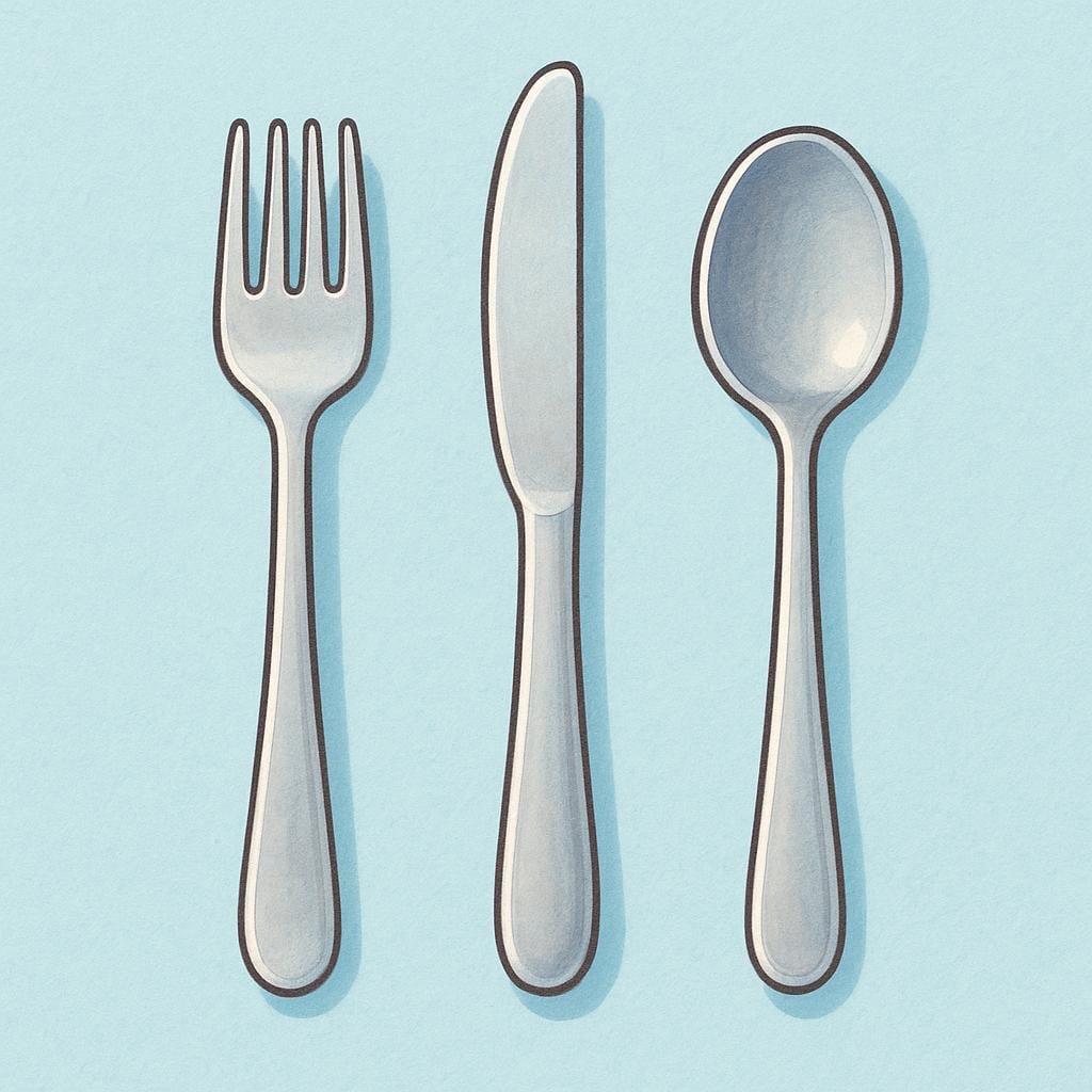 A set of clean, silver eating utensils: a spoon, a fork, and a knife, lying neatly side by side.