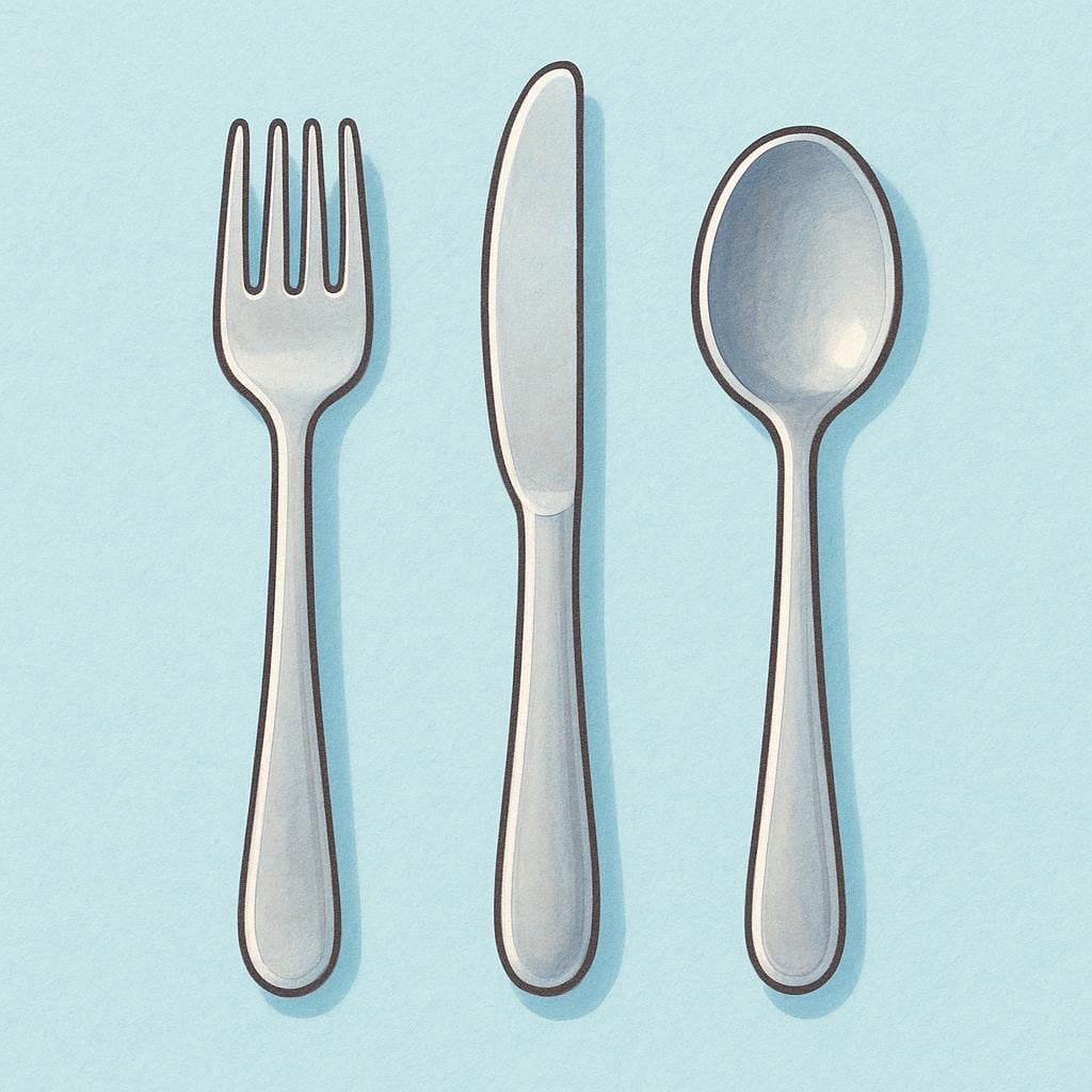 A set of clean, silver eating utensils: a spoon, a fork, and a knife, lying neatly side by side.
