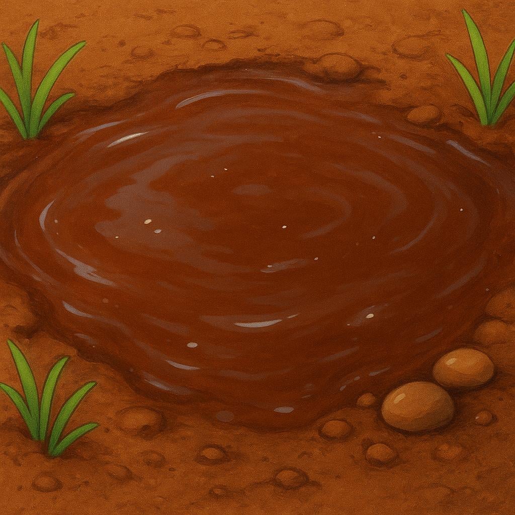 A close-up image of a deep brown, wet mud puddle reflecting the light on the ground.