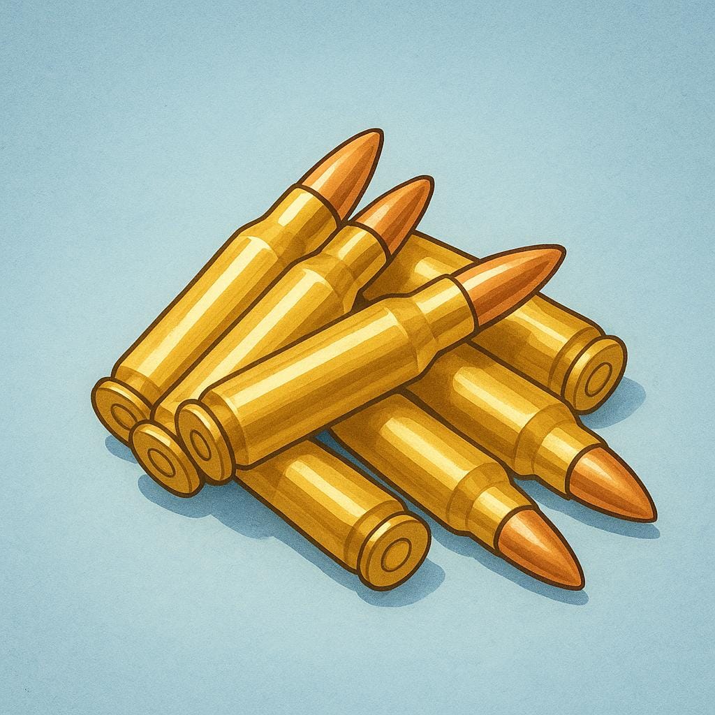 Several shiny brass rifle bullets grouped together on a simple background.