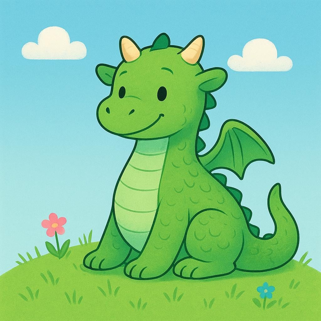 A friendly, large green dragon with wings and a long tail sitting on a grassy hill.