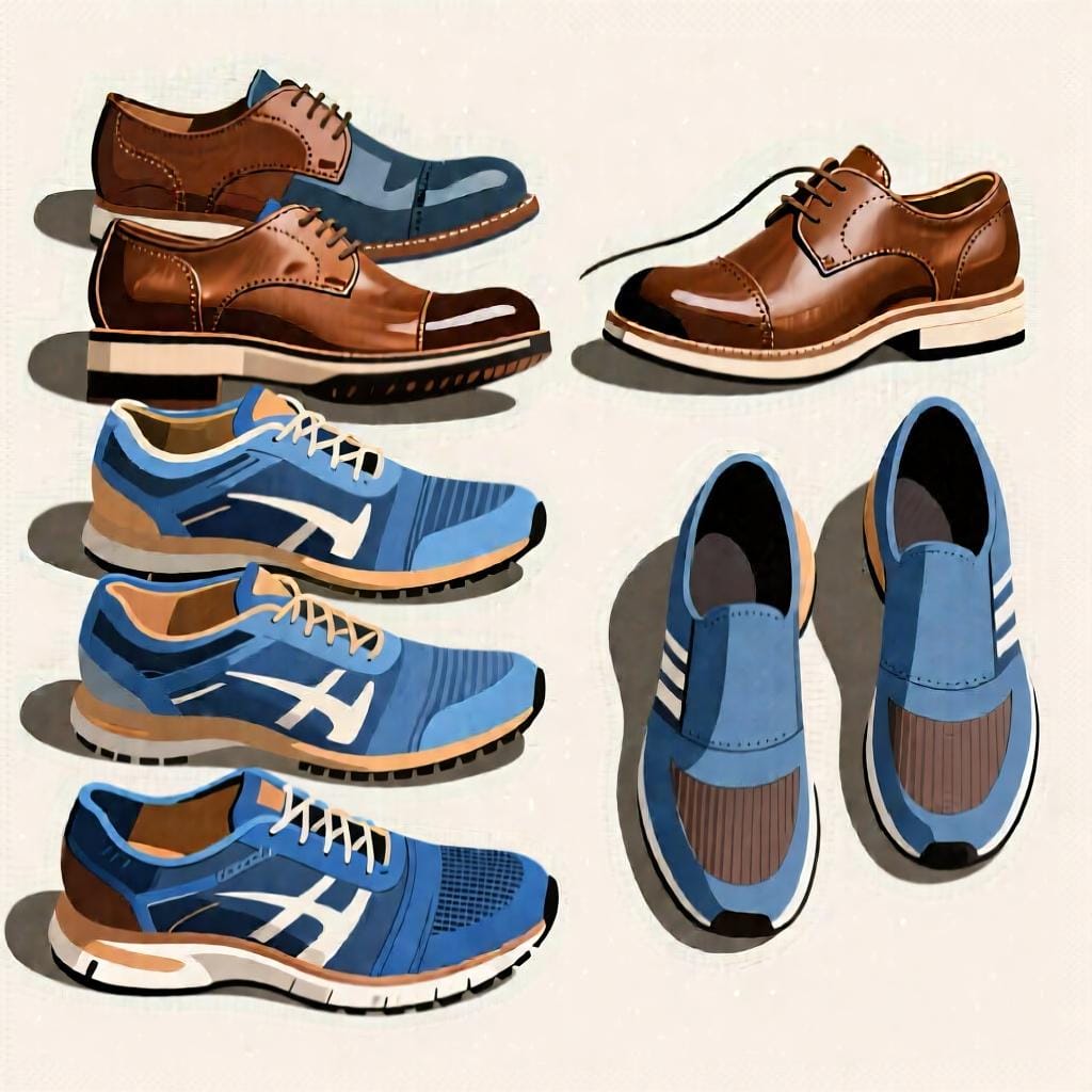 Uma coleção de cinco sapatos sociais idênticos de couro marrom exibidos em fila, com um par separado de dois tênis azuis distintos colocados por perto, ilustrando o conceito de sapatos 'outros'.