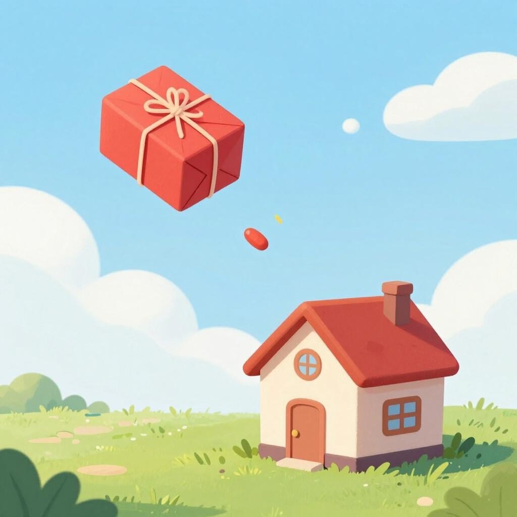 A small red package is shown mid-flight, having been sent from a small, stylized house.