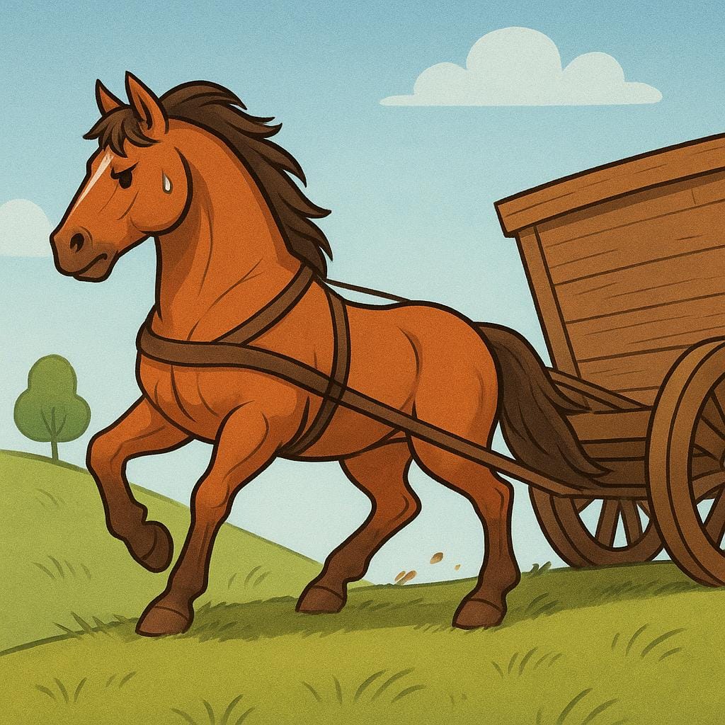 A powerful, muscular horse straining as it pulls a large, heavy wagon up a hill, symbolizing the measurement unit of horsepower.