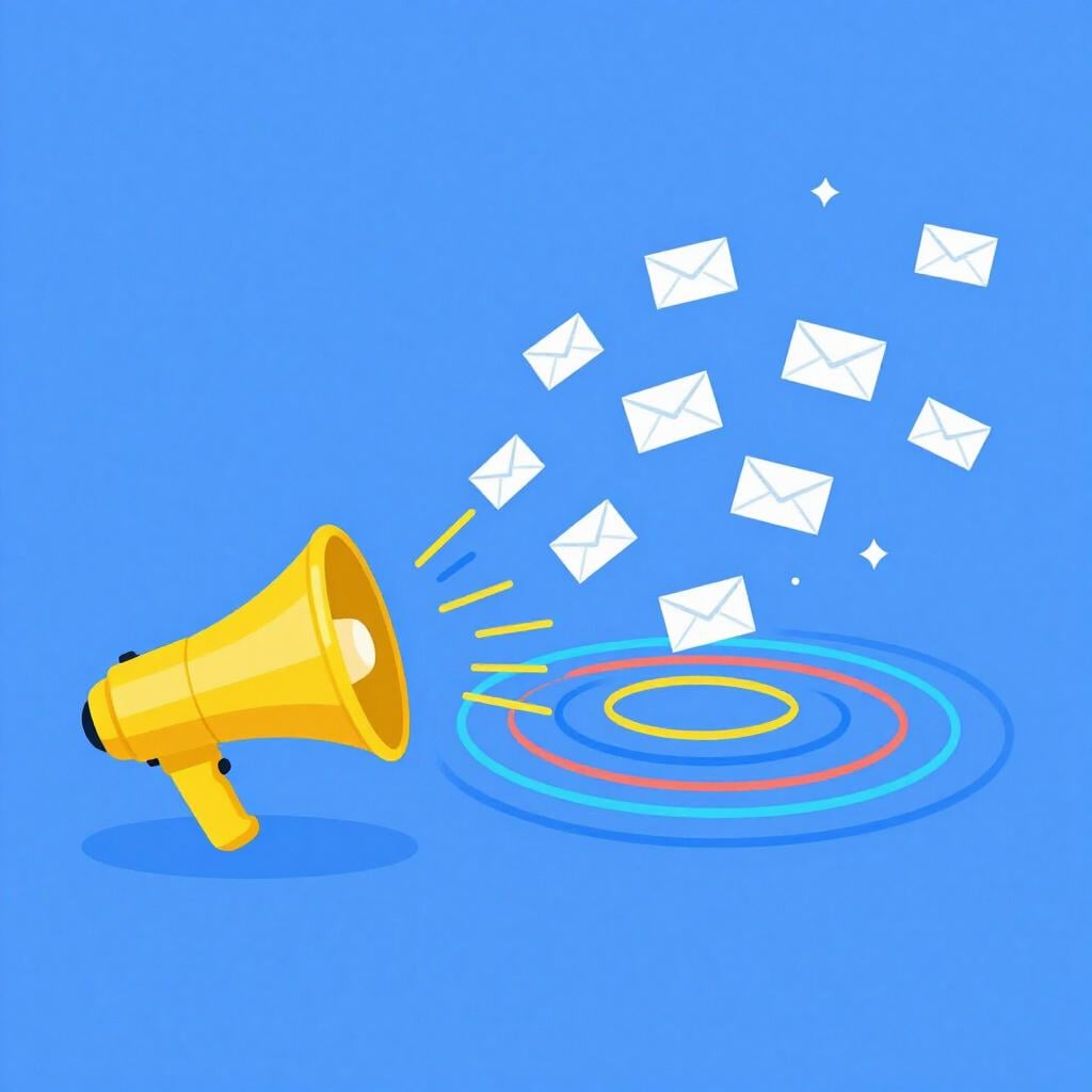 Een kleine megafoon die kleurrijke golven uitzendt die kleine enveloppen over een blauwe achtergrond dragen.