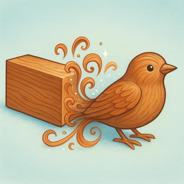 A plain rectangular block of wood is shown mid-transformation, with one end clearly finished as a detailed wooden bird sculpture, illustrating the change of form.