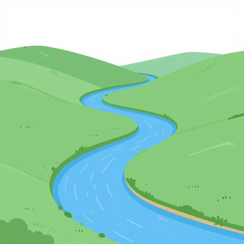 Ein Fluss, der ununterbrochen durch ein üppiges grünes Tal unter einer hellen Sonne fließt.