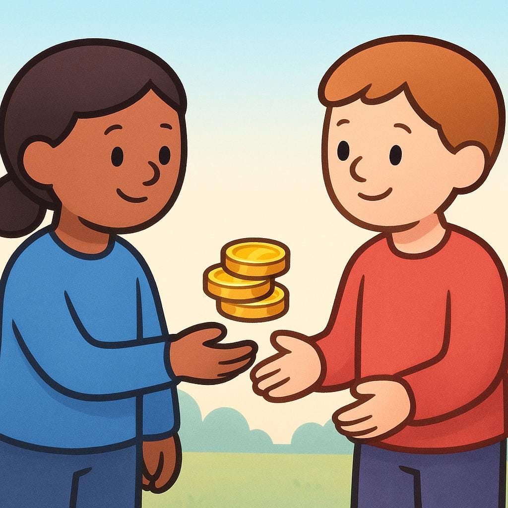 向かい合って立つ二人の友好的な漫画のキャラクター。一人がもう一人にピカピカの金貨の小さな束を優しく手渡しており、借金の返済を象徴している。