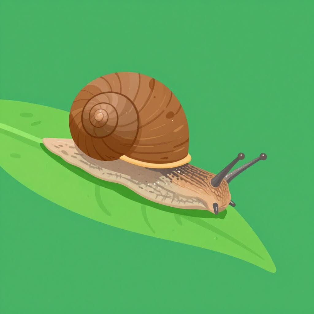Eine kleine Gartenschnecke mit einem spiralförmigen Gehäuse, die auf einem grünen Blatt kriecht.