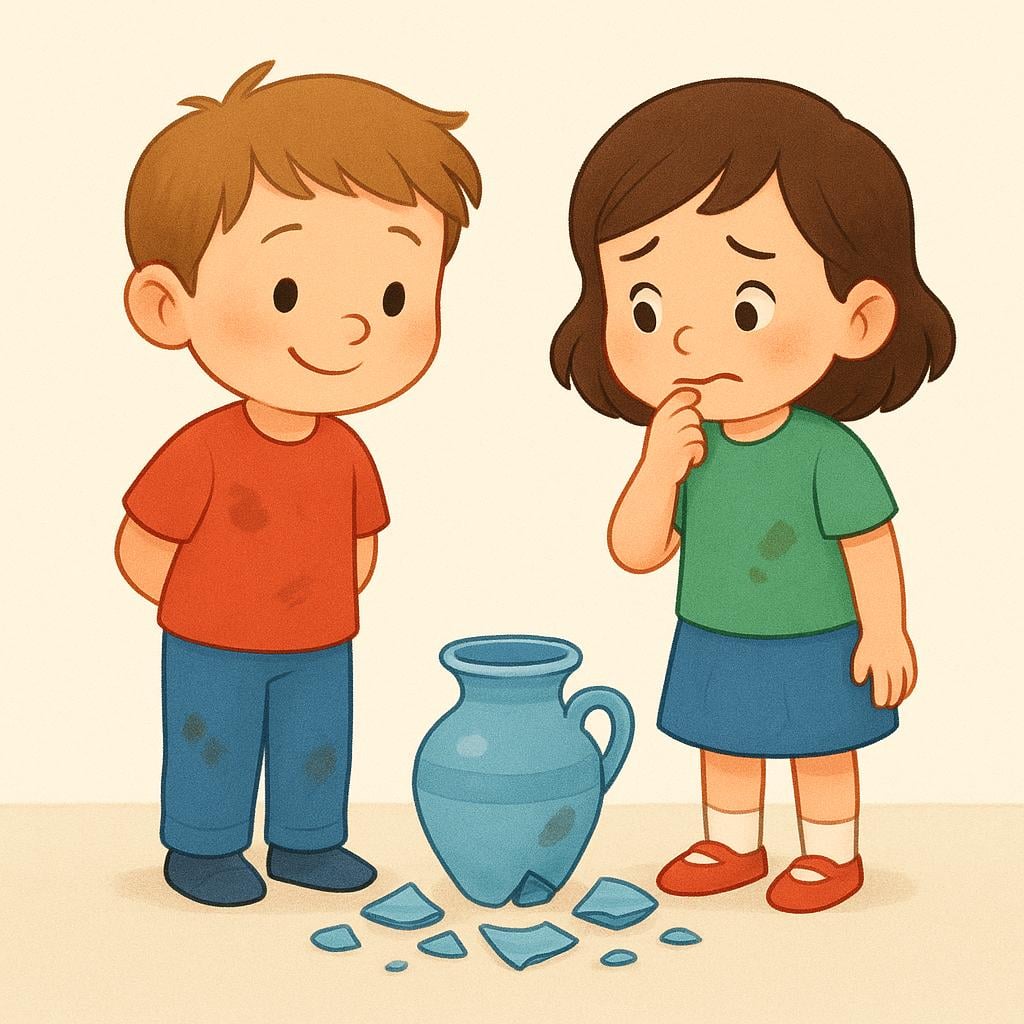 Two children, a boy and a girl, standing near a freshly broken vase, indicating they are the ones responsible for the damage.