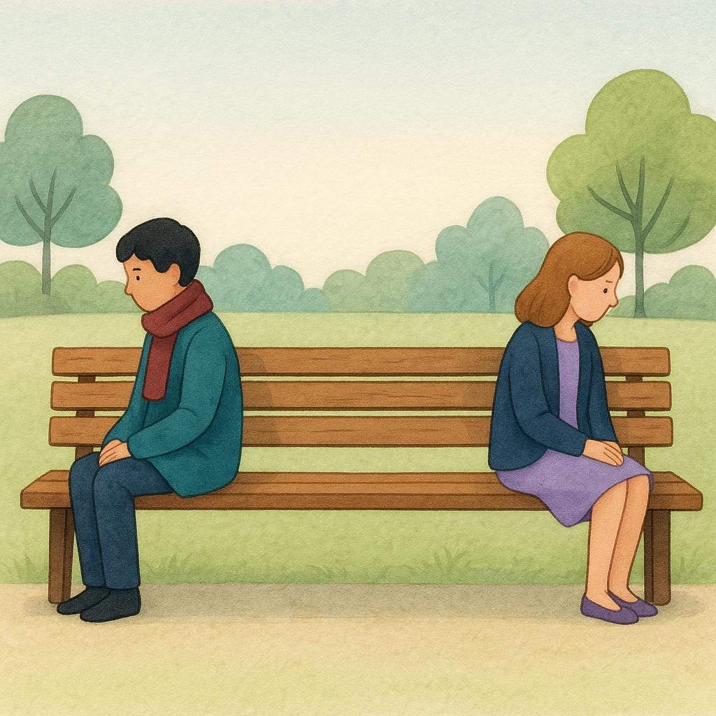 Two distinct people sitting far apart on opposite ends of a long wooden park bench, neither acknowledging the other, illustrating that they are unknown to each other.