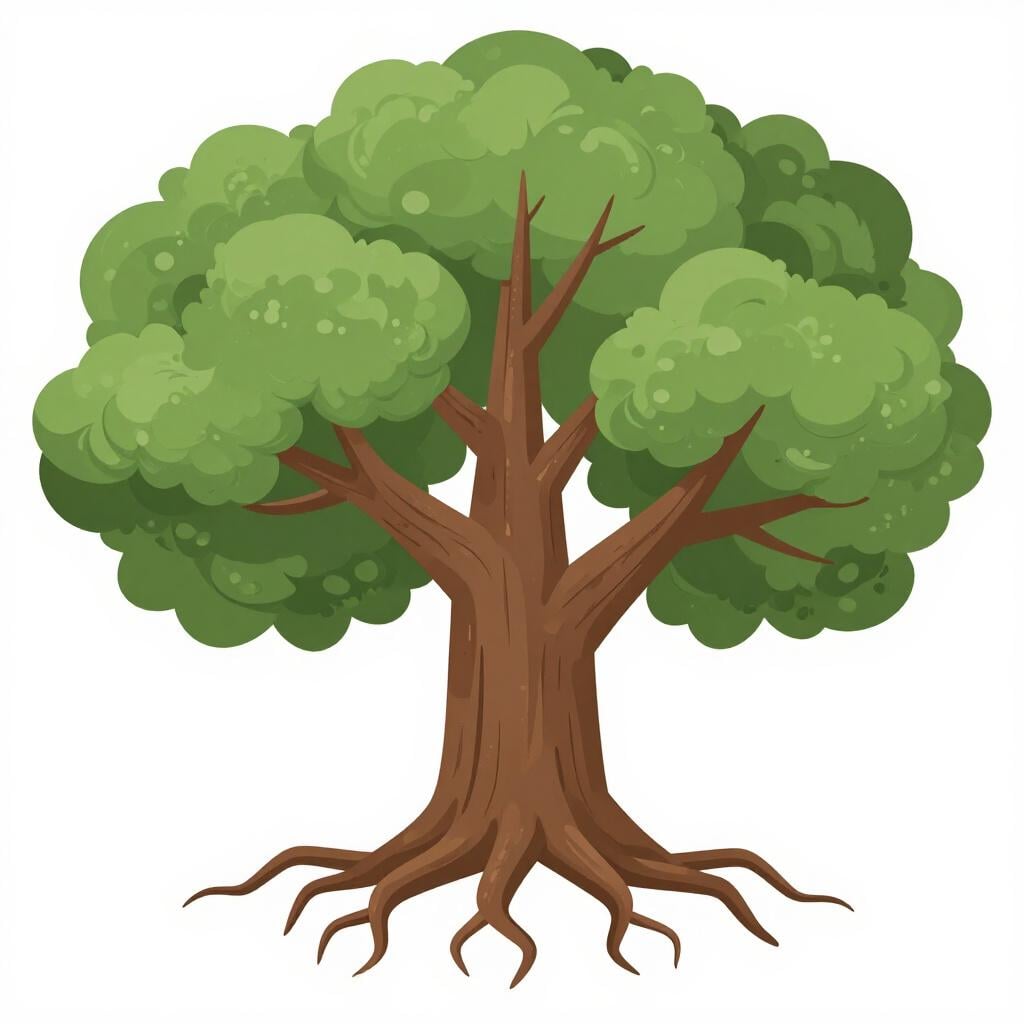 Uma árvore de carvalho grande e robusta com raízes profundas e visíveis e muitos galhos espalhados contra um céu azul suave.