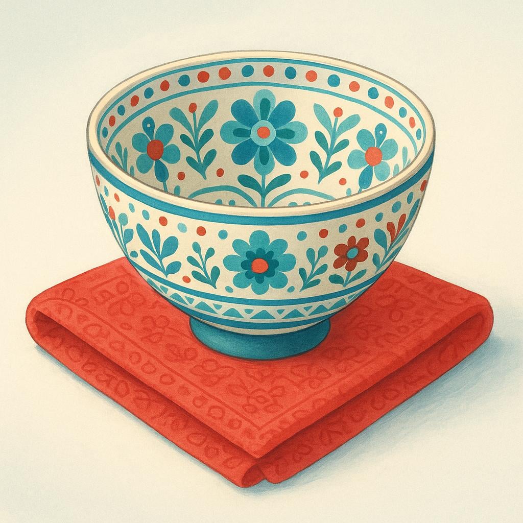 A beautifully decorated but simple ceramic bowl resting centrally on a raised, patterned piece of red cloth, emphasizing its ceremonial nature relating to a rite.