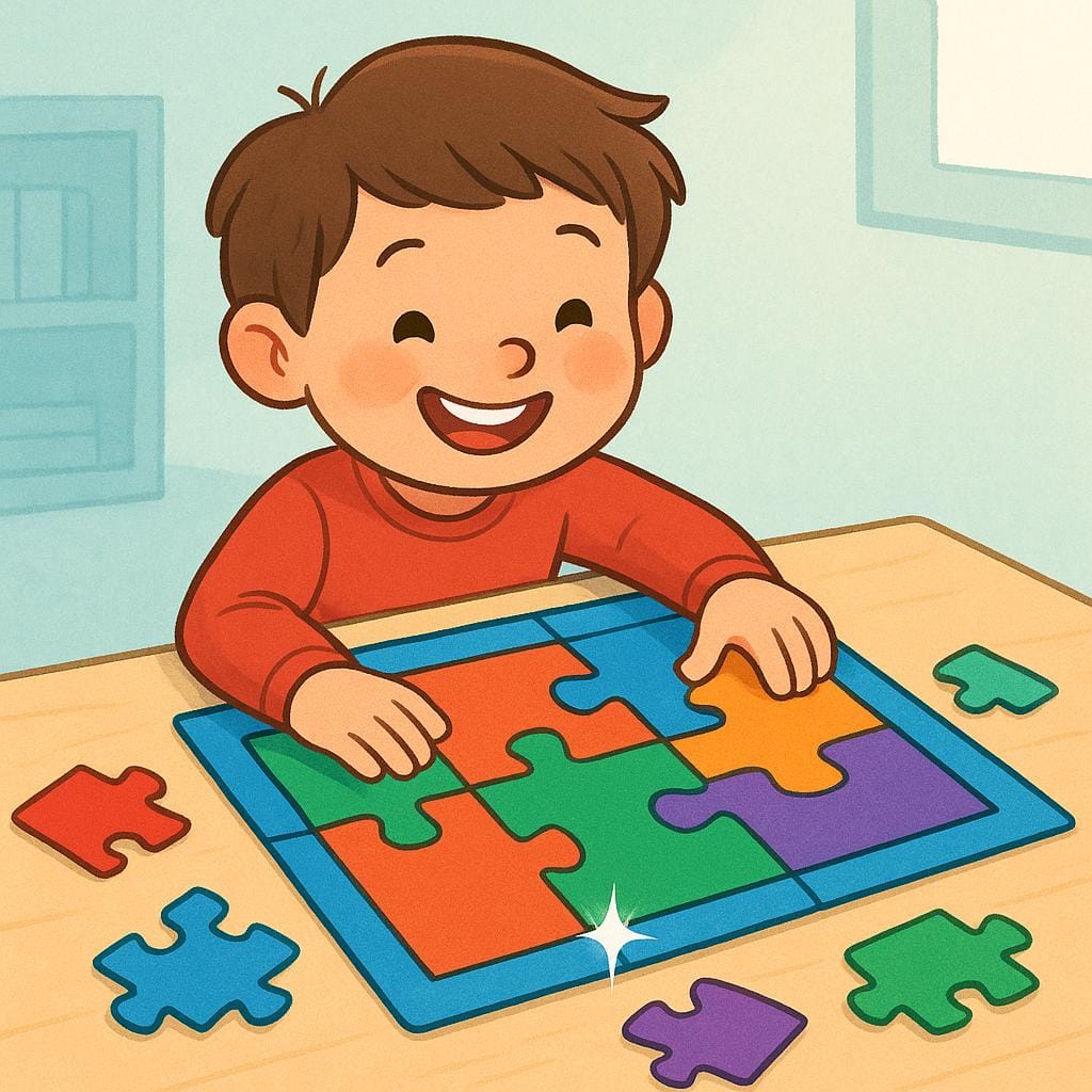 Un bambino sorride felicemente mentre inserisce l'ultimo pezzo, perfettamente adattato, in un puzzle dai colori vivaci, a simboleggiare un momento di realizzazione o comprensione.