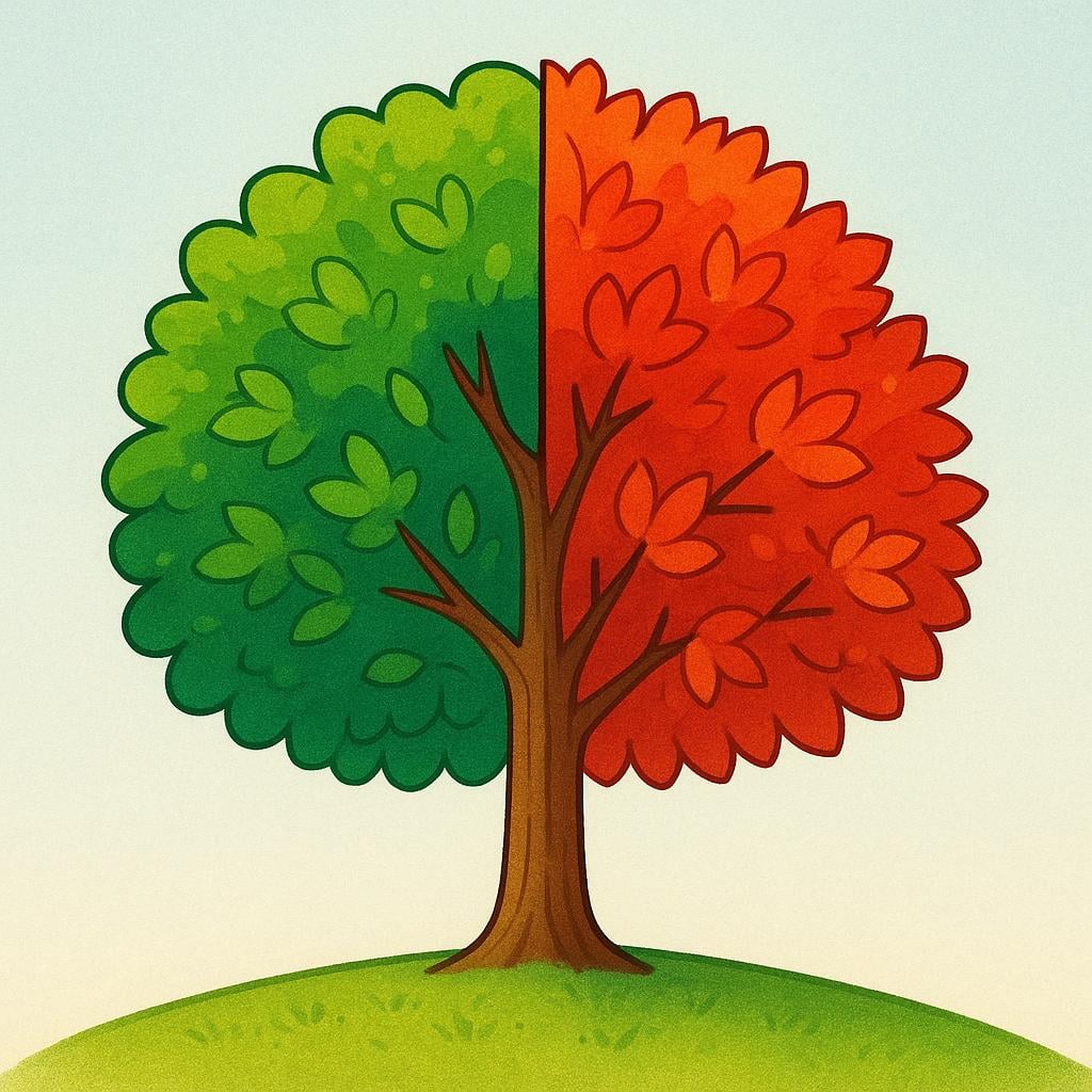 A single tree visually split down the middle. One half has vibrant green leaves, and the other half has bright red and orange autumn leaves, illustrating a transformation.