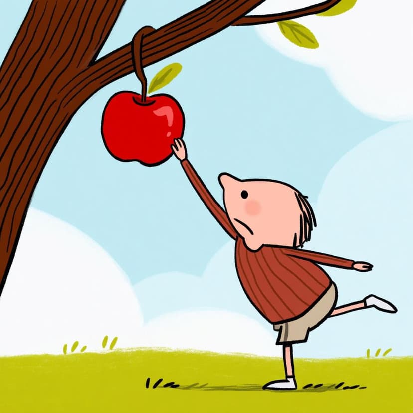 A small, determined character stretching and reaching on their tiptoes to successfully touch a bright red apple hanging from a tree branch.