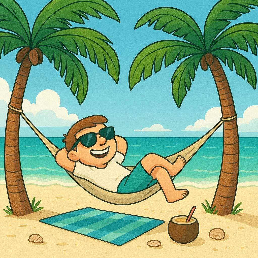 A happy person relaxing in a hammock tied between two palm trees on a sunny beach, representing time off work.