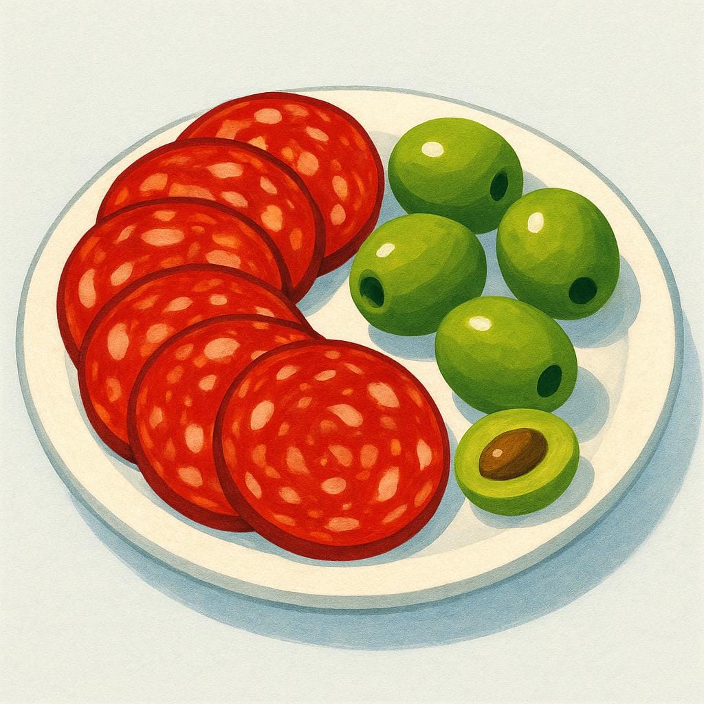 A small white ceramic plate holding slices of red Spanish chorizo sausage and green olives.