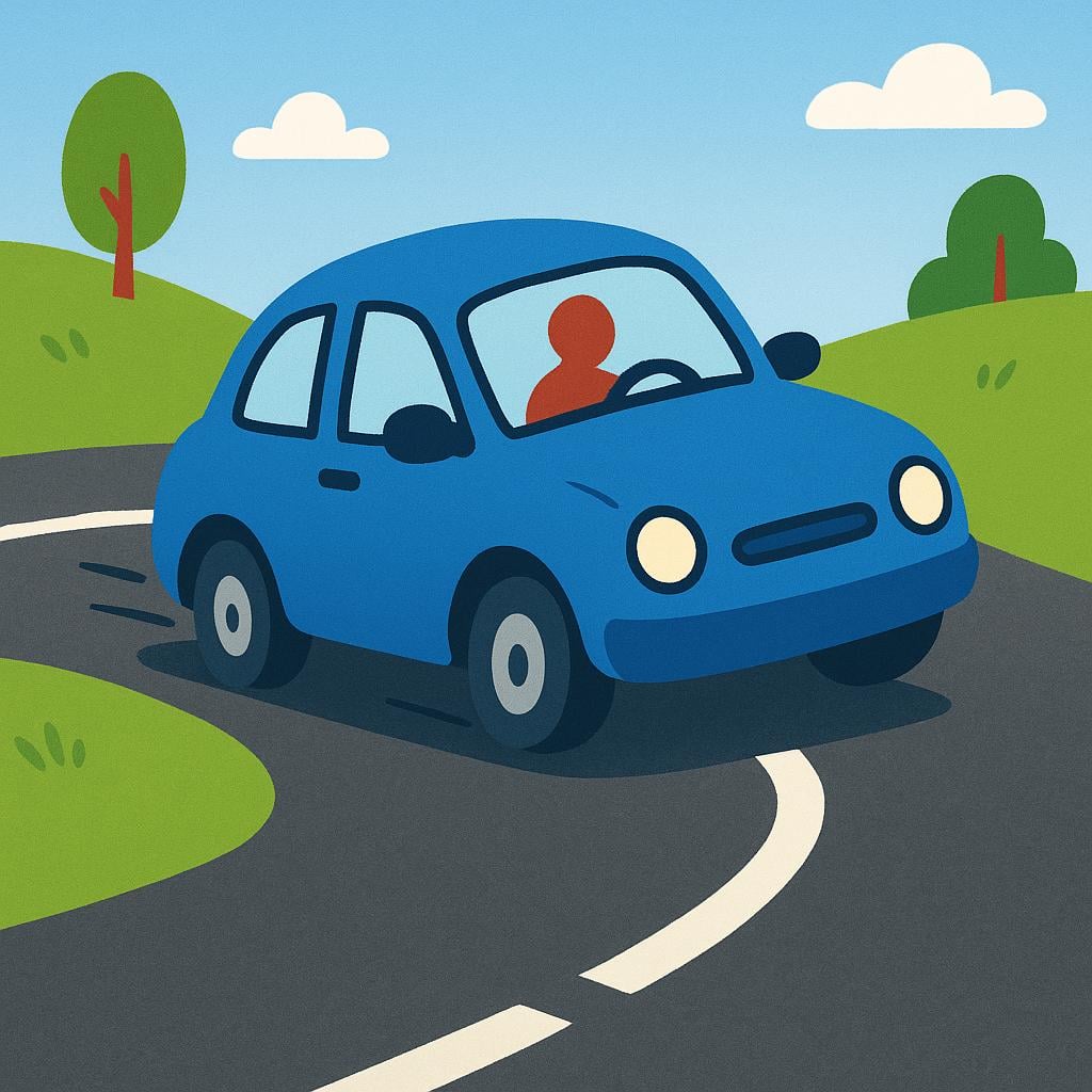 A small blue car making a sharp right turn at a street intersection.