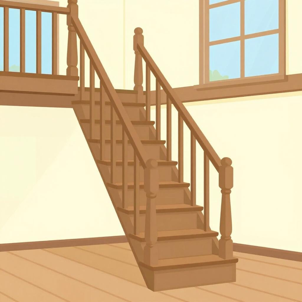 A single set of wooden stairs connecting two flat wooden floors.