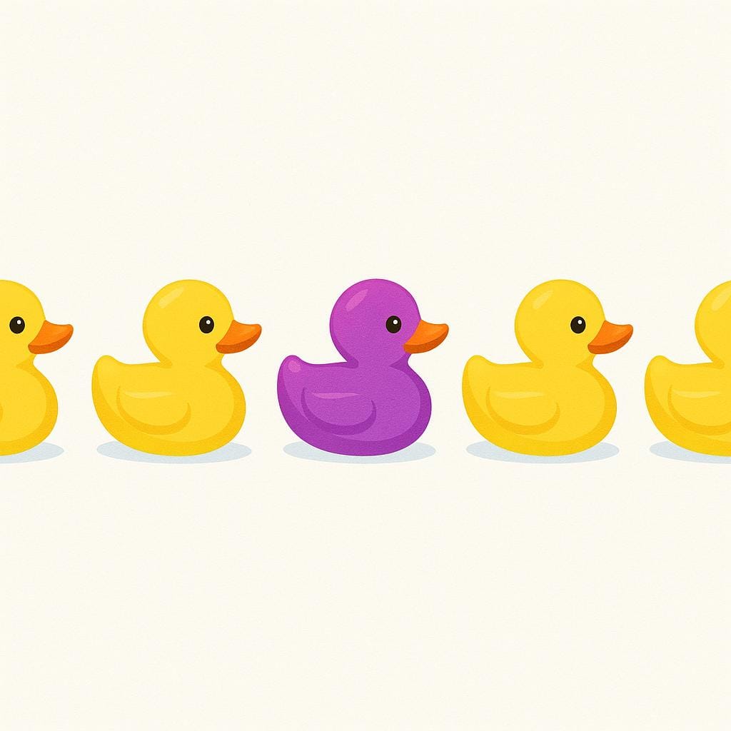 A line of identical yellow rubber ducks, interrupted by one distinct, bright purple rubber duck standing out prominently.