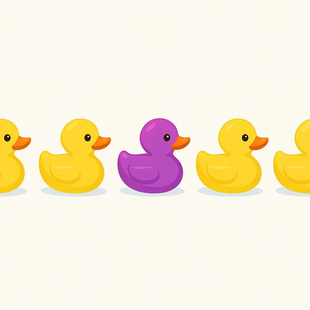 A line of identical yellow rubber ducks, interrupted by one distinct, bright purple rubber duck standing out prominently.