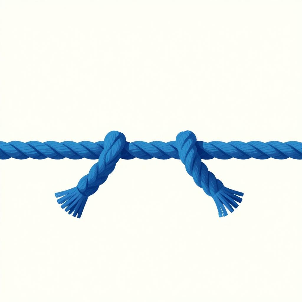 Duas pontas de uma corda azul grossa que foram cortadas, deixando uma lacuna entre elas.