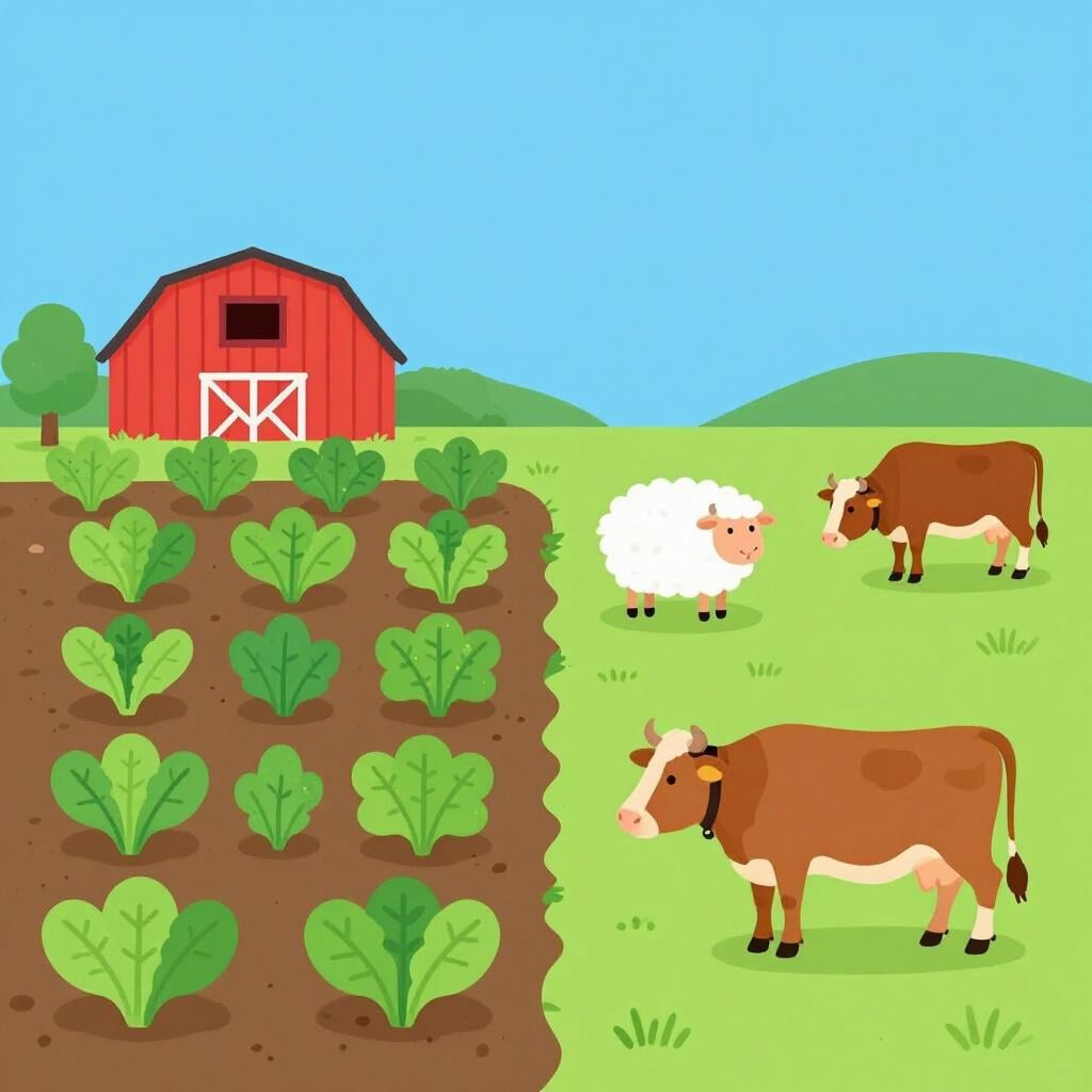 Une scène de ferme présentant à la fois des cultures vertes en croissance et des animaux en pâturage.