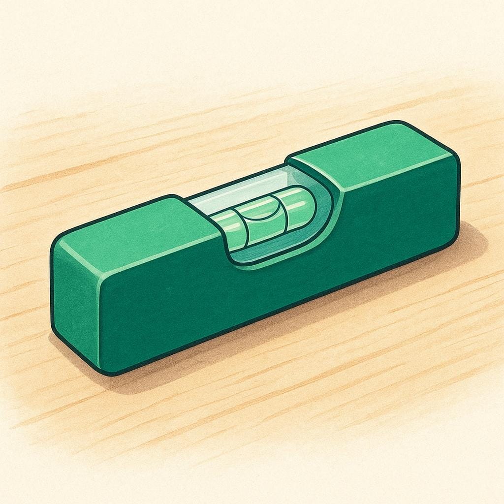 A simple green and yellow spirit level tool resting horizontally on a flat wooden plank, showing the air bubble perfectly centered between the two indicator lines, signifying a perfect level.